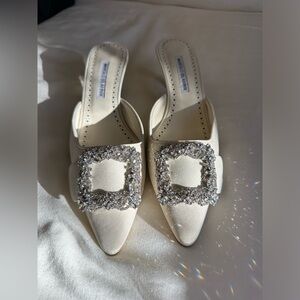 Manolo Blahnik Cream Jewel Heeled Mules